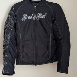 Street & Steel Women’s Motorcycle Jacket Black Embroidered With Armor Size Med